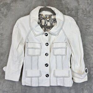 Bebe Jacket Womens 4 White Black Contrast Stitch 3/4 Sleeve Lined Pockets Blazer